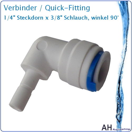 Verbinder / Fitting 3/8" Schlauch x 1/4" Steckdorn, Winkel 90°, Quick-Anschluss